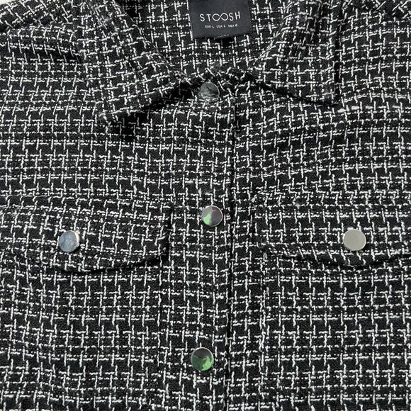 Stoosh Tweed Snap Front Jacket Womens Sz L Black White Check Plaid - Picture 3 of 10